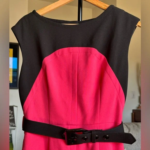 Milly Vibrant Pink and Black Dress w/ Tonal Belt Size 8 - Picture 2 of 5